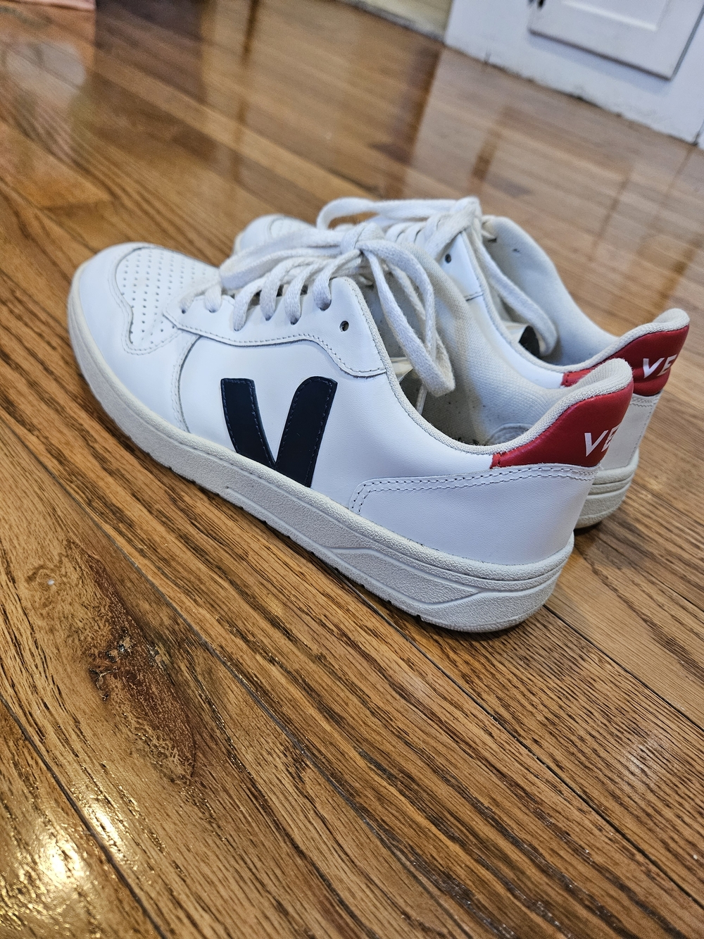 Veja White Sneakers with Navy V and Red Heel Tab